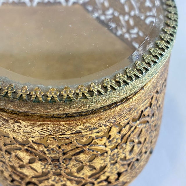 Victorian Vintage Gold Tone Heart Shaped Ormolu Filigree Jewelry Box For Sale - Image 3 of 12