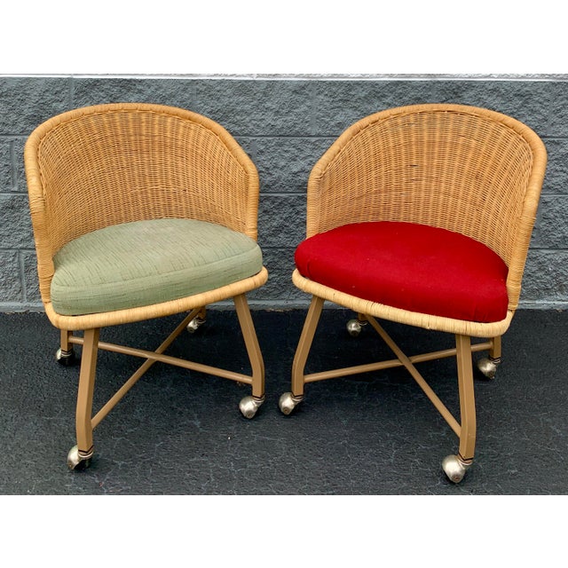 Vintage Natural Woven Wicker Barrel Chairs on Casters - Set of 2 For Sale - Image 11 of 11