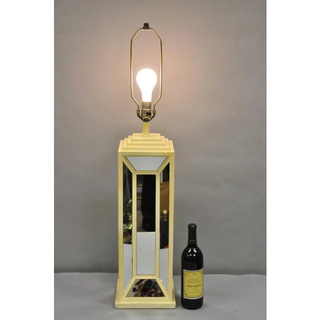 Vintage Postmodern 1976 Mirrored Skyscraper Bone Lacquered Table Lamp by Blumberg. Circa Late 20th Century. Measurements:...