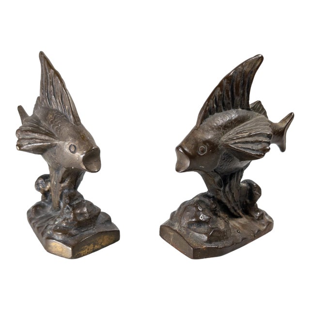 Mid-Century Pair of Cast Iron Bronzed Angel Fish Form Bookends For Sale