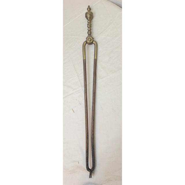 English Antique 18th Century Wrought Iron Turned Brass English Fireplace Tongs Tool 3 For Sale - Image 3 of 10