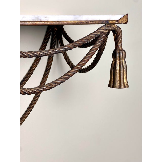 Italian Rope and Tassel Gilt Iron Wall Mount Console Table, Marble Top, 1960s For Sale - Image 9 of 12
