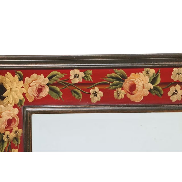 Contemporary Folk Art Hand-Painted Wood Wall Mirror With Red Floral Border For Sale - Image 4 of 8