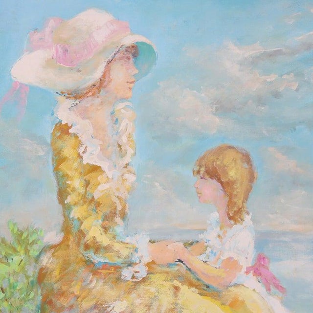 An oversized oil on canvas painting by Lucas Prats, depicting a serene mother and daughter in a lush outdoor setting. The...