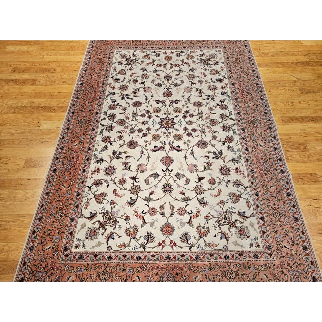 Vintage Persian Tabriz Rug, Hand-Knotted Wool & Silk, Allover Floral Pattern, Ivory & Pale Red, 7x10 For Sale - Image 14 of 18