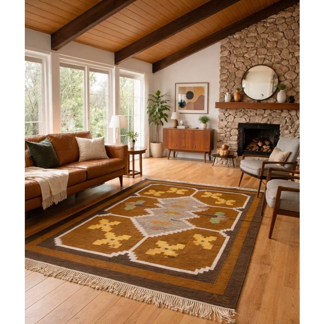 Vintage Mid Century Modern Swedish handwoven Röllakan wool rug, c. 1970’s featuring a striking Scandinavian geometric...