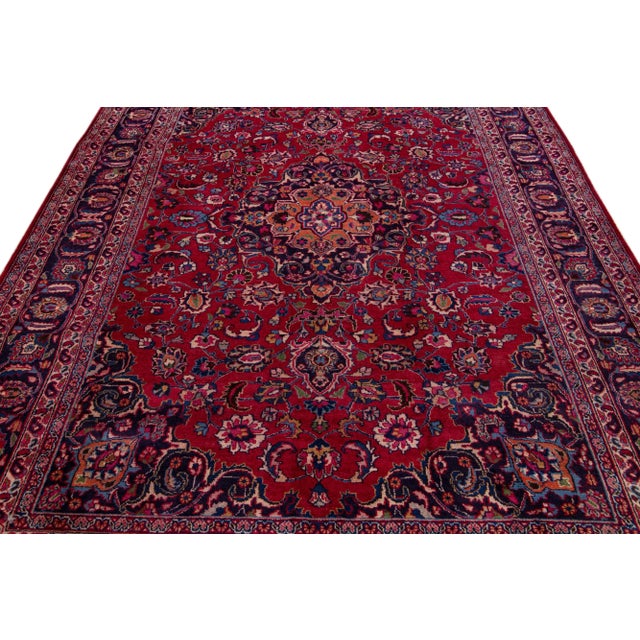 Persian 1960s Vintage Persian Mashad Handmade Red All-Over Wool Rug For Sale - Image 3 of 7
