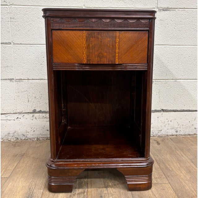 This is a stunning vintage Art Deco inlaid nightstand or side or end table. It features gorgeous classic design, ornate...