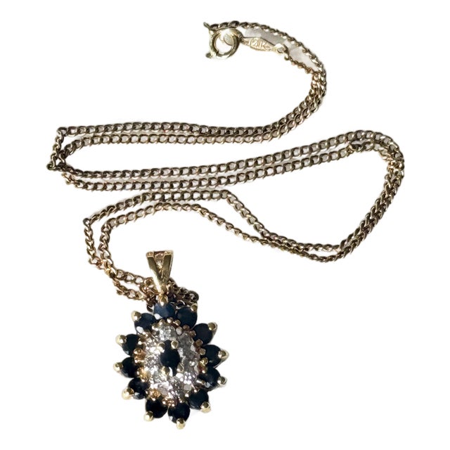 Vintage Victorian Revival Sapphire & Diamond Cluster Pendant Necklace With 14k Gold Chain For Sale