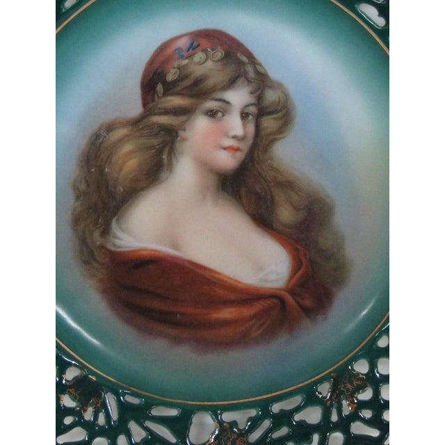 Traditional Cico Bavaria Germany Lattice Reticulated Lady Green Gold Portrait Plate For Sale - Image 3 of 11