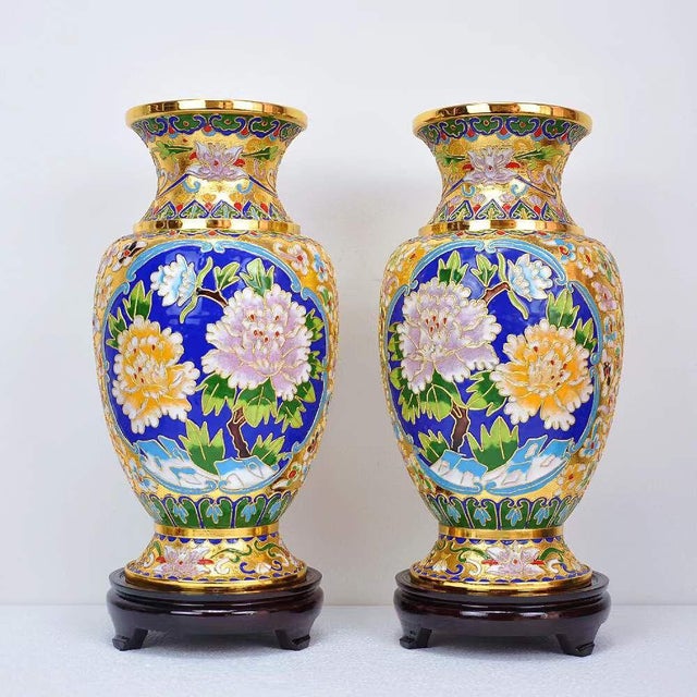 Pair of Chinese Cloisonné Peony Vases | Gilt Ground Floral Motif With Wood Stands For Sale In Los Angeles - Image 6 of 6