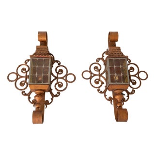 1920s Vintage Custom Made Hollywood Regency Iron Lantern Sconces - a Pair For Sale