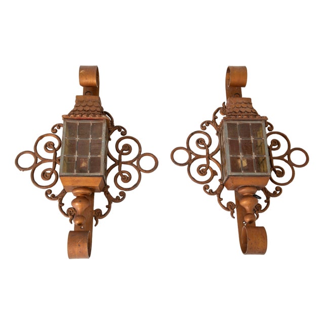 1920s Vintage Custom Made Hollywood Regency Iron Lantern Sconces - a Pair For Sale