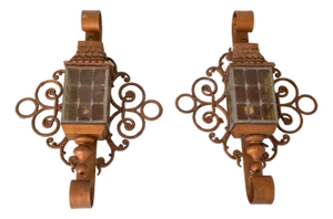 1920s Vintage Custom Made Hollywood Regency Iron Lantern Sconces - a Pair