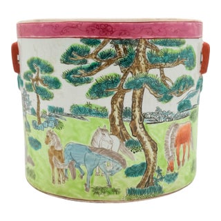 Vintage Chinese Porcelain Jardinière After the Eight Horses of King Mu For Sale