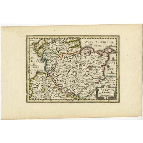 Antique map titled 'Holsatia Ducatus' Original old map of Holstein, Germany. By Petrus Kaerius, published circa 1650....