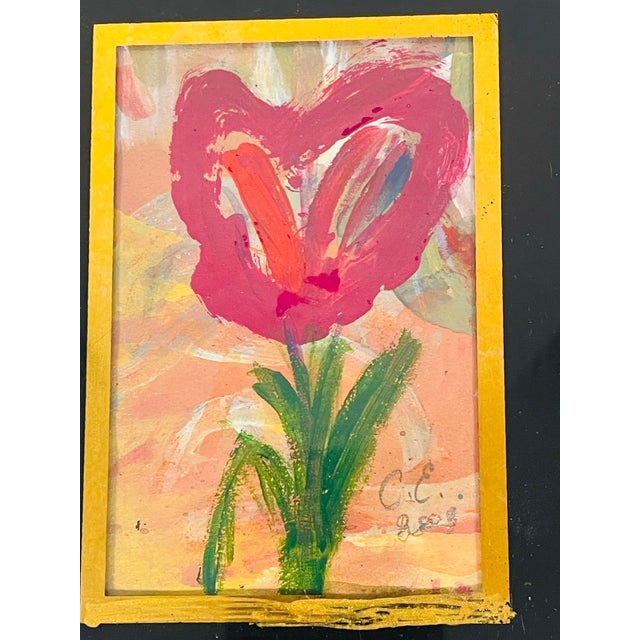 Small cute abstract painting on paper framed in a vintage gold tone frame.