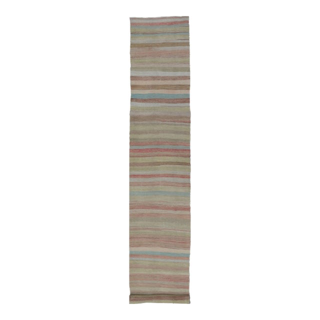 Mid 20th Century Very Long Vintage Turkish Kilim Runner With Stripe Design in Soft Colors For Sale