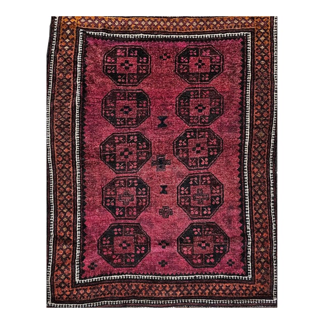 Vintage Afghan Bokhara Area Rug, Hand-Knotted Wool, Allover Geometric Pattern, Plum & Burgundy, 4x5 For Sale