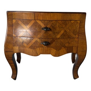 Vintage Italian Burl Olive Wood Parquetry Two-Drawer Miniature Chest With Shell-Form Handles For Sale