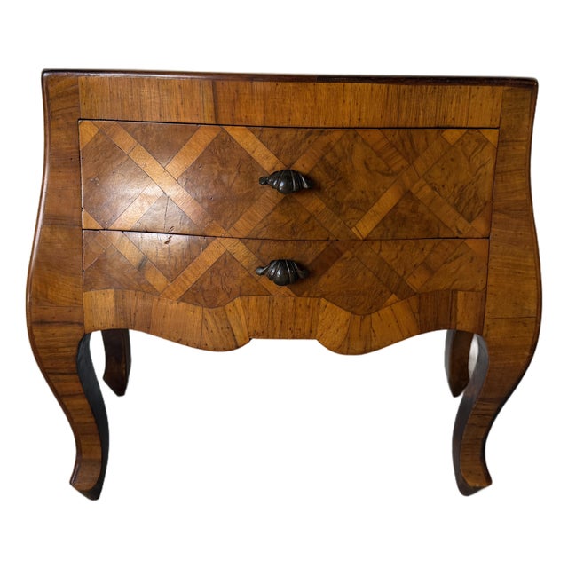 Vintage Italian Burl Olive Wood Parquetry Two-Drawer Miniature Chest With Shell-Form Handles For Sale