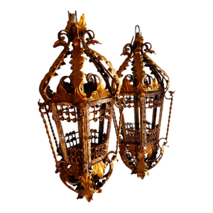 Pair of Large Gilded Wrought Massive Iron Lantern With Acanthus Leaves, 1940 France