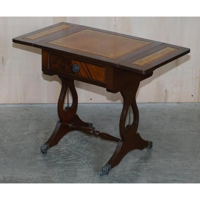 Vintage Brown Leather & Gold Leaf Side Table with Extending Top For Sale - Image 16 of 18