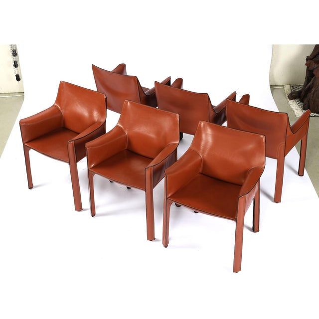 Cassina Mario Bellini for Cassina Cab 413 Italian Red Leather Dining Chairs Set of 6 For Sale - Image 4 of 18