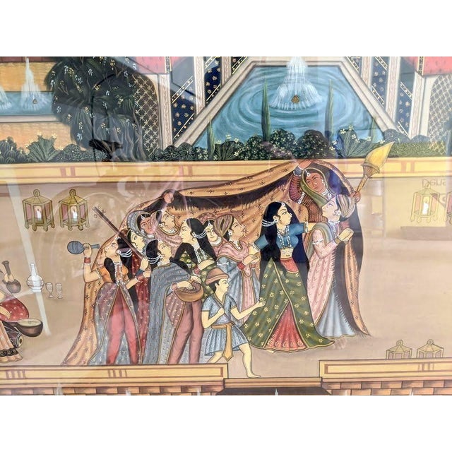 Brown 1940s Mid-Century (WWII Era) Custom Hand-Painted Silk Depicting Royal Rajasthan Palace Celebration For Sale - Image 8 of 9