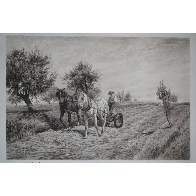 Antique Peter Moran Farming Mowing Boy Riding Plough Landscape Etching 27" For Sale - Image 6 of 11