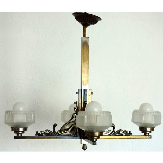 French Art Deco Brass and Satin Glass 4-Light Chandelier, 1920s For Sale - Image 11 of 15