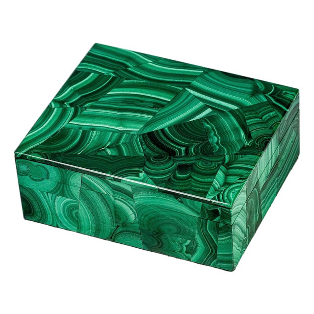 Stunning Vintage European Malachite Box Hand Cut Geometric Stone Mid Century Luxury Home Decor For Sale