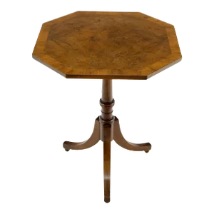 Fine Octagonal Shape Banded Burl Wood Tripod Base Occasional Table Stand