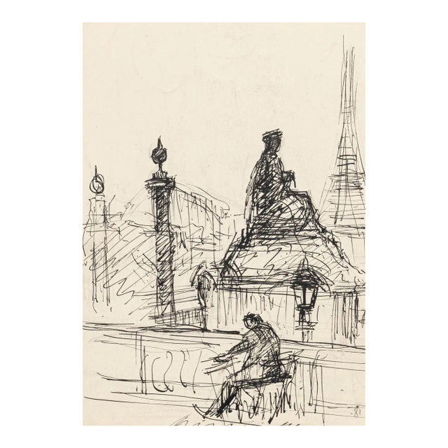 Loneliness in Paris - Original Pen Drawing by S. Goldberg - Mid 20th Century Mid 20th Century For Sale