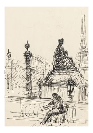 Loneliness in Paris - Original Pen Drawing by S. Goldberg - Mid 20th Century Mid 20th Century