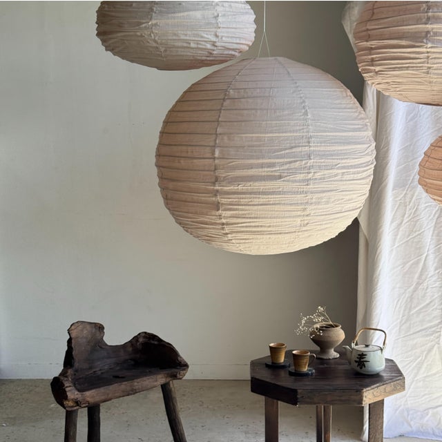 Beige Large Japanese Style Oval Flattened Pink Rattan and Natural Linen Pendant Light, 1980s For Sale - Image 8 of 18