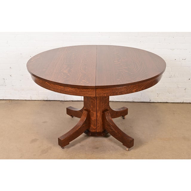 Stickley Brothers Style Antique Mission Oak Arts & Crafts Pedestal Extension Dining Table, Newly Refinished For Sale - Image 13 of 13