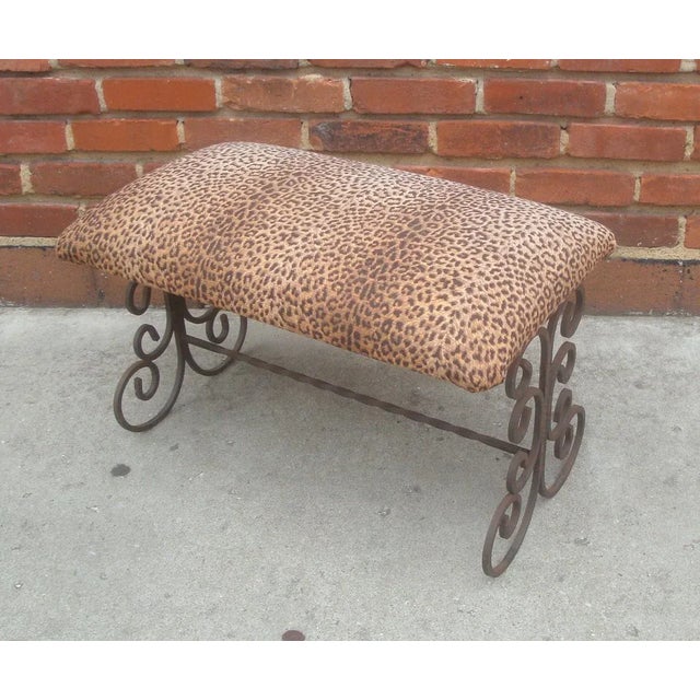 Fantastic period scroll iron upholstered bench in the California Spanish Revival tradition, very well crafted with...