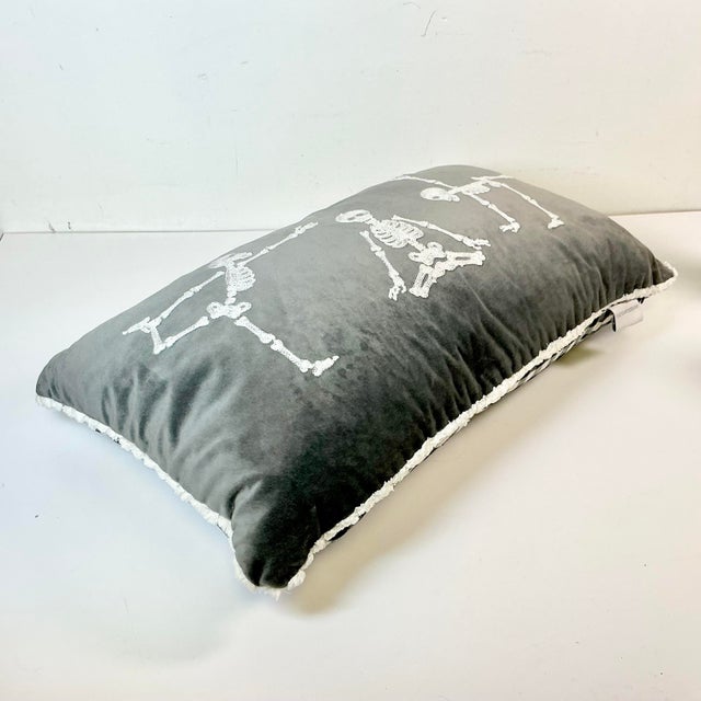 Slate Gray 1990s Vintage Boho Chic Skelton Yoga Lumbar Decorative Halloween Pillow, Feather-Down For Sale - Image 8 of 15