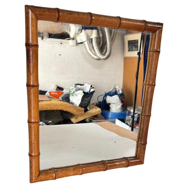 1940s French Riviera Faux Bamboo Mirror, Natural Brown & Beige Tones : This beautiful 1940s French bamboo mirror, crafted...