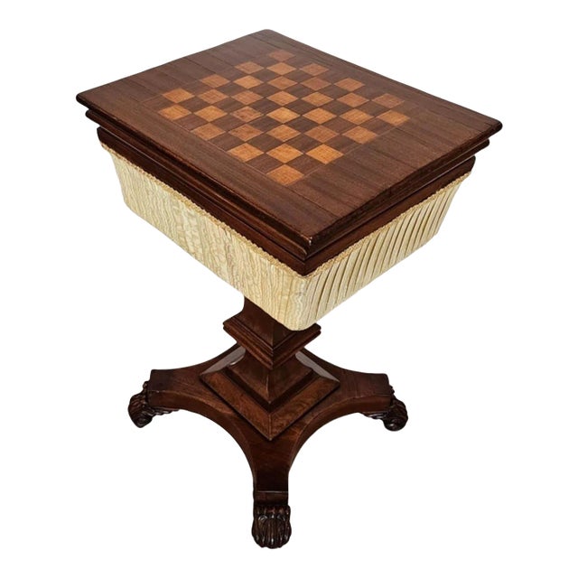 Antique English William IV Period Mahogany Inlaid Chessboard Top Sewing Stand For Sale