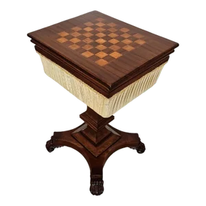 Antique English William IV Period Mahogany Inlaid Chessboard Top Sewing Stand