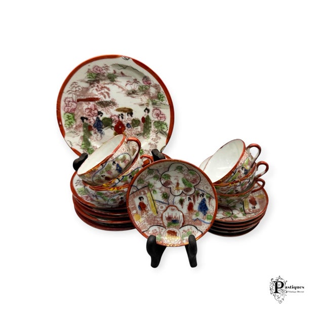 Vintage 18 Piece Japanese Famille Rose Style Tea Set featuring High Quality Porcelain and Hand Painted Floral & Social...