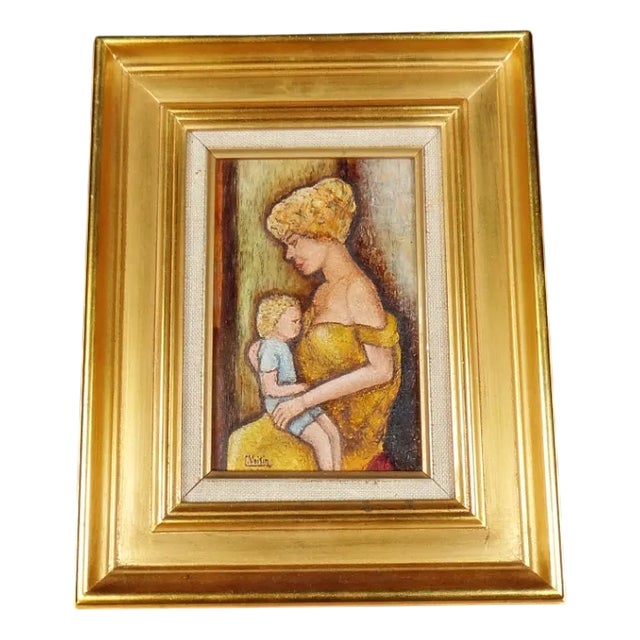 Claude Voisin, Mother Breastfeeding Her Child, Oil on Panel, 1977, Framed For Sale