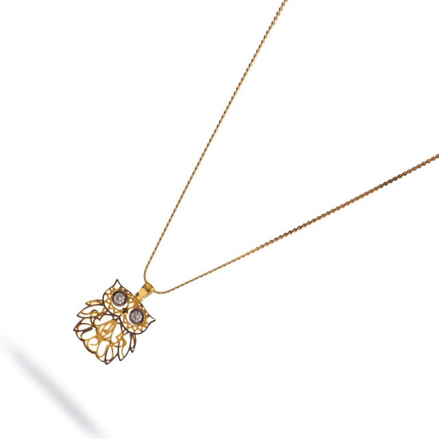 Wisdom Owl Diamond Eyes Gold Necklace For Sale - Image 9 of 11