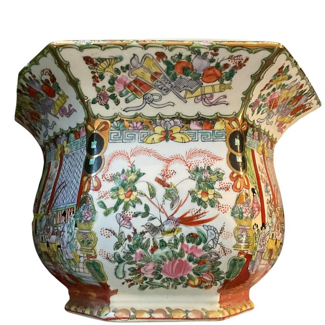 Red Chinese Rose Famille Vintage Cache Pot Jardinière Planter With Saucer For Sale - Image 8 of 17