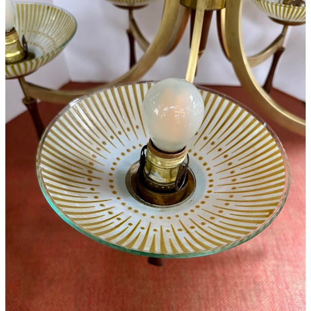 Brass 1960s Midcentury Modern Wood and Brass 5-Light Chandelier With Starburst Shades For Sale - Image 8 of 12