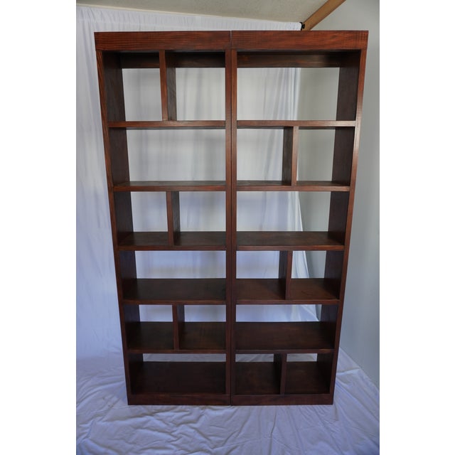 Handcrafted Solid Wood Bookcase Set | Custom Library Wall | Hickory Stain Bookshelf, 2 Pieces For Sale - Image 4 of 17
