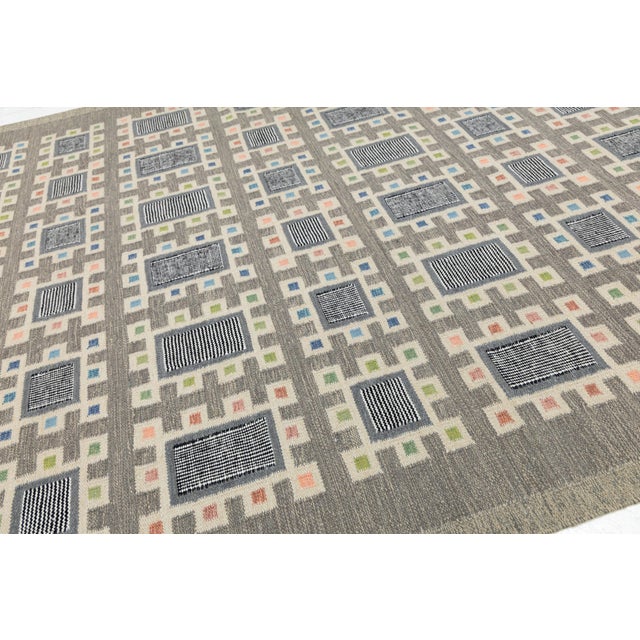 Textile Contemporary Swedish Geometric Wool Flatweave Rug Architectural Nordic Design For Sale - Image 7 of 11