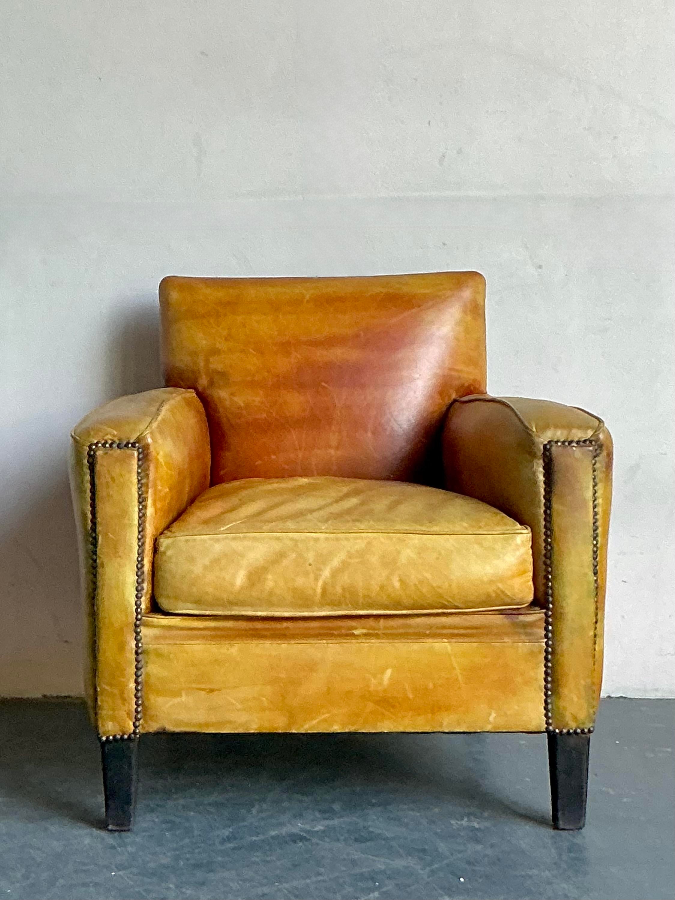 Vintage French Nailhead Stained Leather Club Chair | Chairish